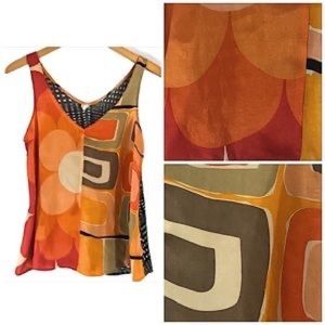 COPY - Anthropologie TINY orange & taupe silky geometric groovy Print sleeveles…